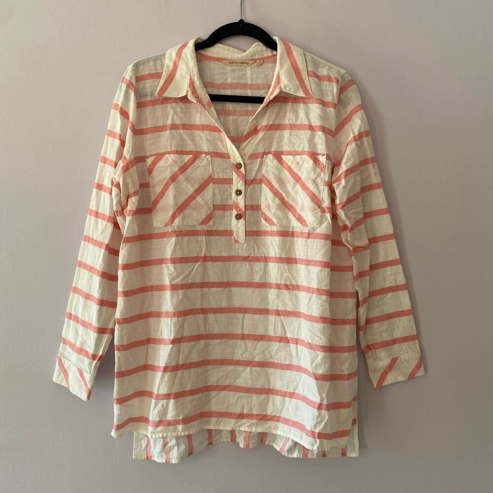 Soft Surroundings Pink White Stripe Button Down Cotton Shirt Women's size Large